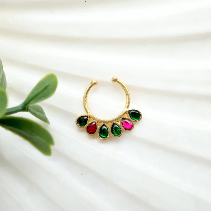 Antique Gold Tilak Drops Septum Ring - Ruby & Green